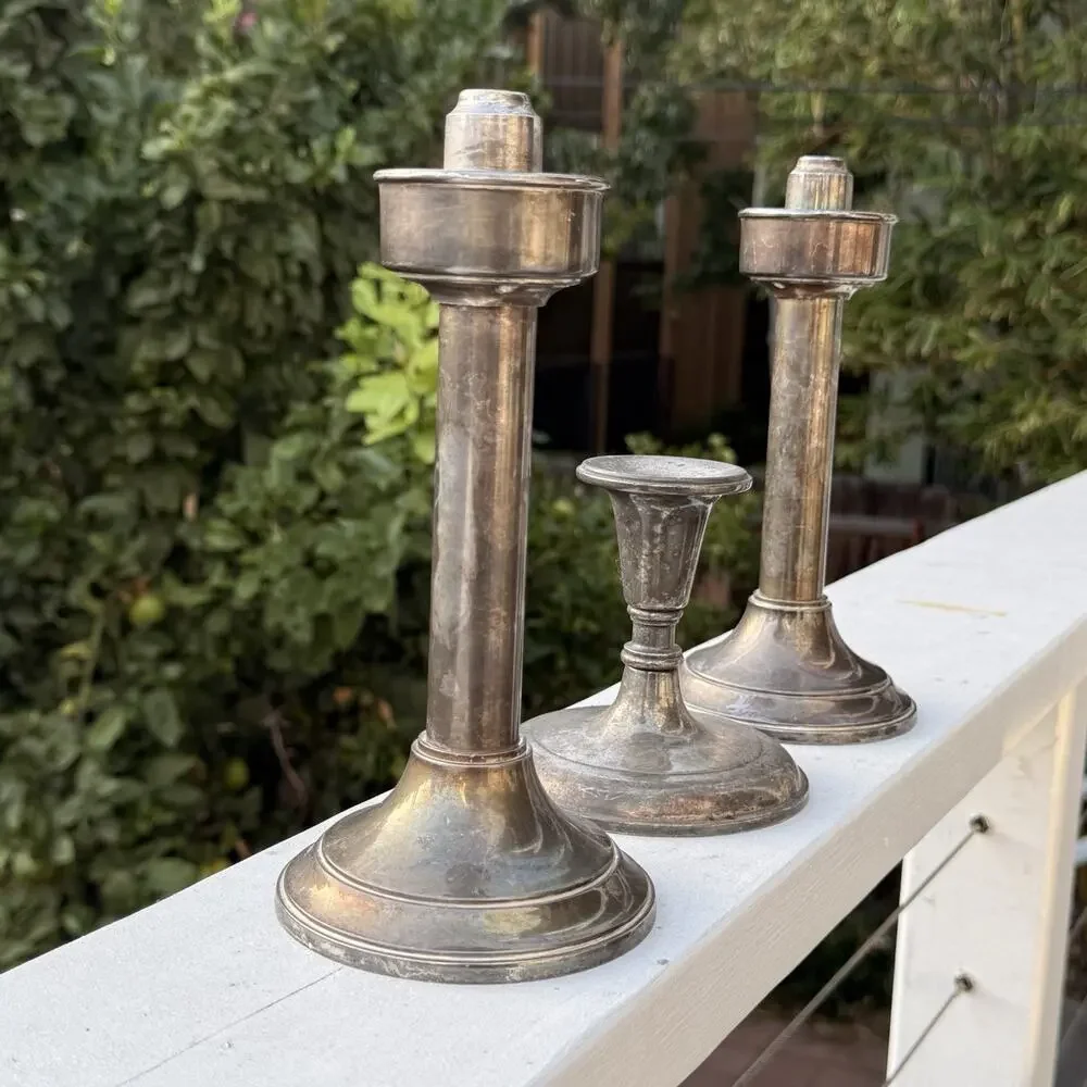 Set of 3 Italy Metal Silver Tone Taper Candle Holders Vintage Traditional 9in